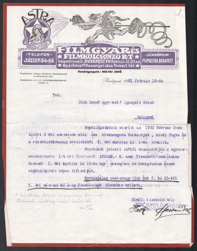 1921 Bp., Astra Filmgyár és Filmkölcsönző Rt. fejléces levélpapírjára írt levél