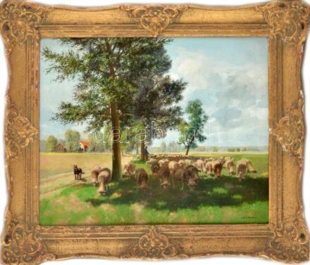 Liptai Antal (1893-?): Juhnyáj kutyákkal. Olaj, vászon. Jelzett. Dekoratív, sérült, korabeli fakeretben, 50x60 cm.
