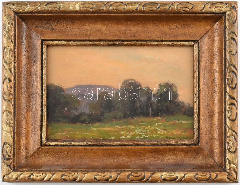 Bosznay István (1868-1944): Nyári rét, 1928. Olaj, falemez, jelezve jobbra lent. Dekoratív fakeretben, keret hátoldalán Blattner Gyula debreceni képkeretező korabeli címkéjével. 13,5×21 cm