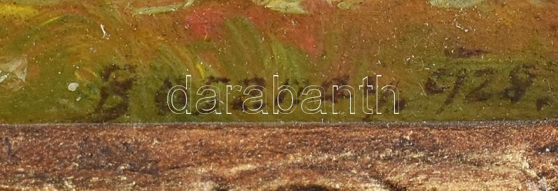 Bosznay István (1868-1944): Nyári rét, 1928. Olaj, falemez, jelezve jobbra lent. Dekoratív fakeretben, keret hátoldalán Blattner Gyula debreceni képkeretező korabeli címkéjével. 13,5×21 cm - Image 3