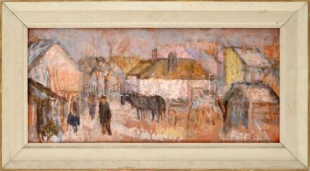 Barcsay Jenő jelzéssel: Utca lovakkal. Tempera, farost. Sérült fakeretben, 30×66,5 cm