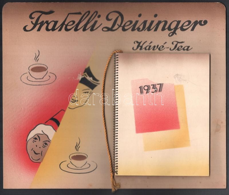 1937 'Fratelli Deisinger Kávé - Tea' asztali naptára, illusztrált kartonon, 22x26 cm