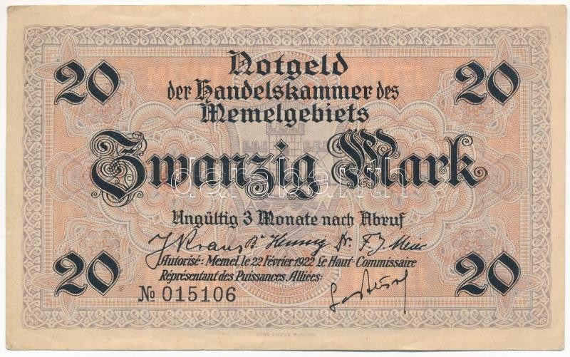 Memel-vidék 1922. 20M T:III Memel Territory 1922. 20 Mark C:F Krause P#6