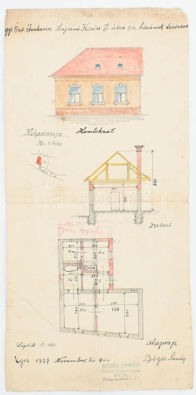 1927 Bőgős Sándor egri kőműves mester lakóház terve, a hátoldalán okmánybélyegekkel, hajtott, 44x21 cm