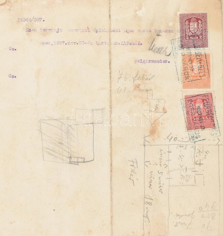 1927 Bőgős Sándor egri kőműves mester lakóház terve, a hátoldalán okmánybélyegekkel, hajtott, 44x21 cm - Image 2