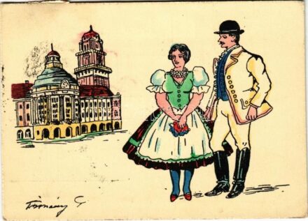 1938 Zenta, Senta; Új városháza. A vidék népviselete. Kiadja a Délvidéki Egyetemi és Főiskolai Hallgatók Egyesülete / Hungarian irredenta propaganda, new town hall, folk costumes s: Tusnády (EK)