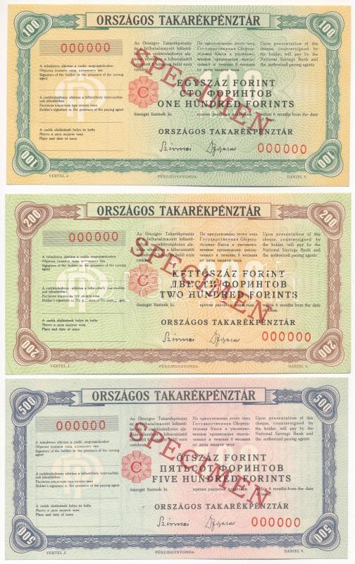 ~1970. 'Országos Takarékpénztár' csekkekk 100Ft + 200Ft + 500Ft-ról, 'SPECIMEN (MINTA)' bélyegzéssel, '000'-ás sorszámmal T:I-