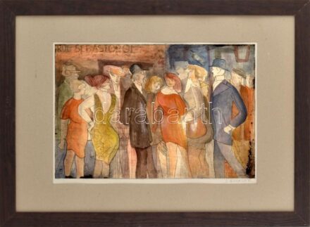 Schneuer, David (1905-1988): Éjszakai élet. Színes hidegtű, kézzel színezett, papír, jelzett. 33x49 cm. Üvegezett fakeretben. / Schneuer, David (1905-1988): Night life. Drypoint on paper, hand coloured, signed. 33x49 cm. Framed.