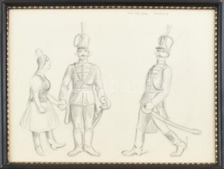 Pánczél Béla (1900-1966): vitéz Háry János illusztráció. Ceruza, papír, jelzés nélkül. Üvegezett, dekoratív fakeretben, 24x32,5 cm