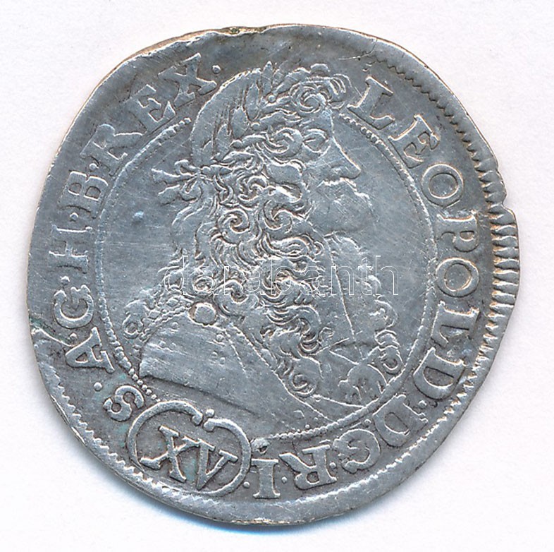 1690K-B 15kr Ag 'I. Lipót' Körmöcbánya (5,65g) T:2,2- ph., fny. Hungary 1690K-B 15 Kreuzer Ag 'Leopold I' Kremnitz (5,65g) C:XF,VF edge error, ear mark Huszár: 1428., Unger II.: 1064.a