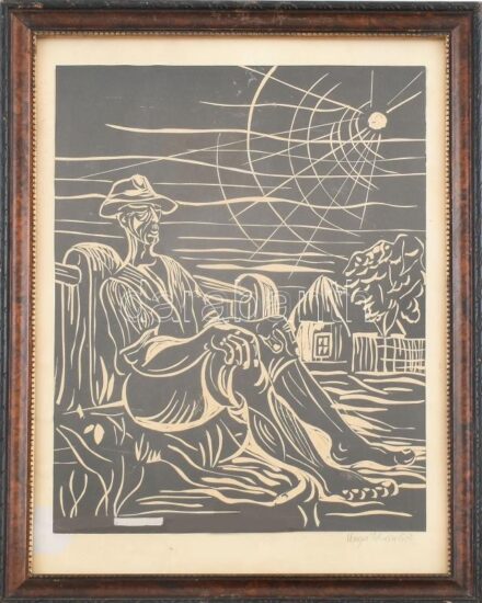 Varga István (1917-?): Déli pihenő. Linómetszet, papír, jelzett. Kissé sérült. Üvegezett, dekoratív fakeretben, 32,5x24 cm