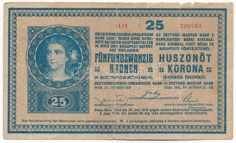 1918. 25K '1115' 2mm, hullámos hátlappal T:III,III- felső szélé kisebb szakadások Adamo K22B