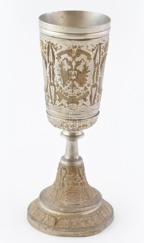 1898 Eduard Mahner: Ferenc József uralkodásának 50. jubileumára készült ón kupa, aranyozott kissé deformált talppal 25 cm / Emperor Franz Joseph I. 50th anniversary tin coup with minor deformation 25 cm