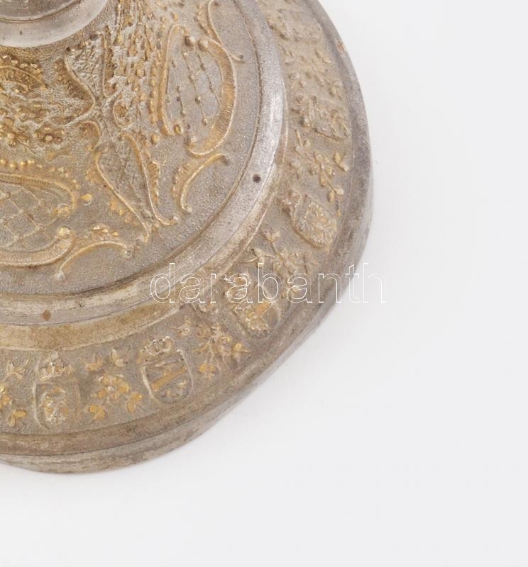 1898 Eduard Mahner: Ferenc József uralkodásának 50. jubileumára készült ón kupa, aranyozott kissé deformált talppal 25 cm / Emperor Franz Joseph I. 50th anniversary tin coup with minor deformation 25 cm - Image 4