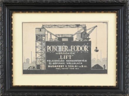 Poscher és Fodor mérnökök 'Lift' Vállalata, Bp., Szalai u. 2., reklám terv, tus, papír, jelzett (Kebely?), szélén kisebb szakadással, 15×22 cm. Dekoratív, kissé kopott, üvegezett fakeretben.