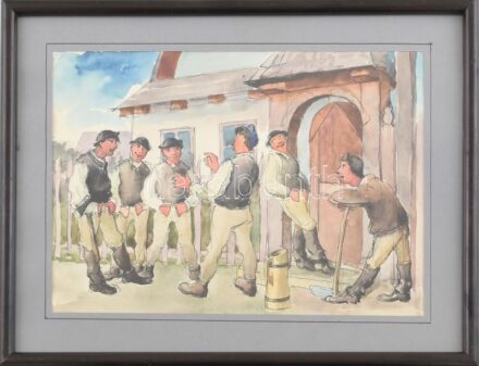 Pánczél Béla (1900-1966): Székely legények. Akvarell, tus, papír, jelzett. Üvegezett, kissé sérült fakeretben, 18,5x26,5 cm