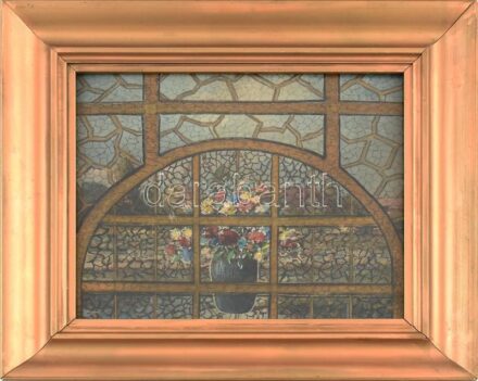 Agárdi Soós Lajos (működött a XX. sz elején-közepén): Virágok az ablakban (Üvegablak terv?). Vegyes technika, papír, jelzés nélkül. Hátoldalán 1941-ben, munkásságának 25. évfordulóján rendezett gyűjteményes kiállításának