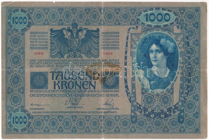 1902. 1000K bélyegzés nélkül T:III nagyobb folt, beszakadások Adamo SK35