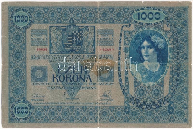 1902. 1000K bélyegzés nélkül T:III nagyobb folt, beszakadások Adamo SK35 - Image 2
