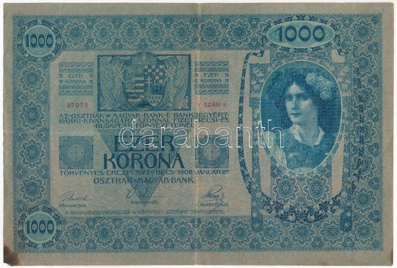 1902. 1000K bélyegzés nélkül T:III fo., apró sarokhiány Adamo SK35 - Image 2