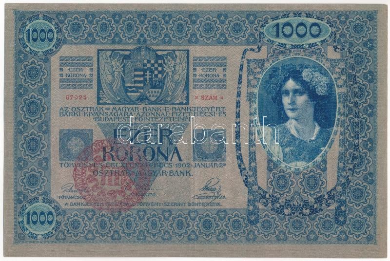 1902. 1000K piros 'MAGYARORSZÁG' körbélyegzővel T:III szép papír Adamo SK35B