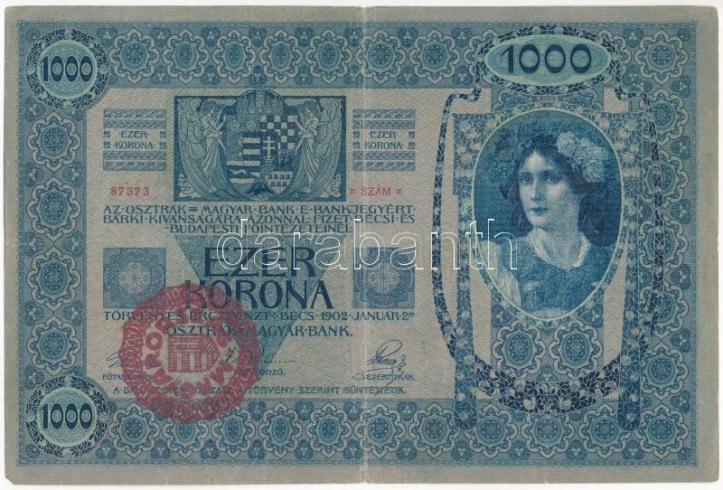 1902. 1000K piros 'MAGYARORSZÁG' körbélyegzővel T:III Adamo SK35B
