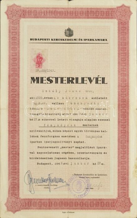 1942-1957 Sztály János (1899-1980) fotóművész 13 db fotóművészeti alkotása, egy kartonra kasírozva, egy részének hátoldalán feliratokkal, pecsétekkel, 18x13 cm és 39x23 cm +Valamint Sztály János 2 db mesterlevele (bádogos 1942,