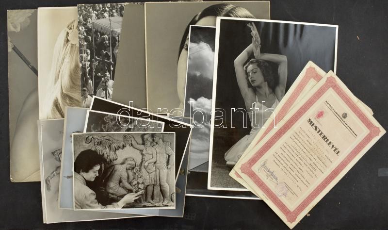 1942-1957 Sztály János (1899-1980) fotóművész 13 db fotóművészeti alkotása, egy kartonra kasírozva, egy részének hátoldalán feliratokkal, pecsétekkel, 18x13 cm és 39x23 cm +Valamint Sztály János 2 db mesterlevele (bádogos 1942, - Image 2