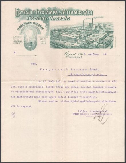 1909 Újpest, Egyesült Izzólámpa és Villamossági Részvénytársaság fejléces levélőpapírjára írt levél, rajta a gyár látképével