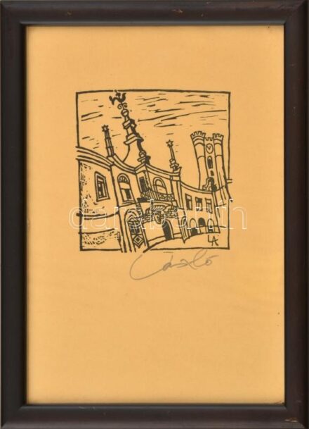 László jelzéssel: Utcarészlet. Nyomat, papír. Üvegezett fakeretben. 9,5x10 cm
