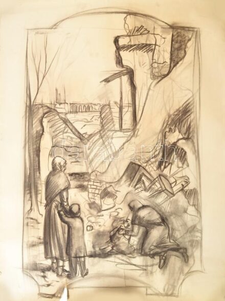 Vinkler László (1912-1980): Szeged Árpád téri iskola falfestményeinek valamint egy tanácsház freskó terve 1957. Megvalósult. Ceruza, papír, jelzett, erősen szakadt 70x100 cm