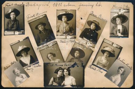 1911, fiatal lányok nevesített portréi, össz. 12 db vintage fotó, Bp., Rákóczi út 40., a felvételek az ún. Stickyback-portréfotográfiai modell szerint készültek, Olychovsky Jankely fényképész Enyves hát nevű üzletében. Fotók