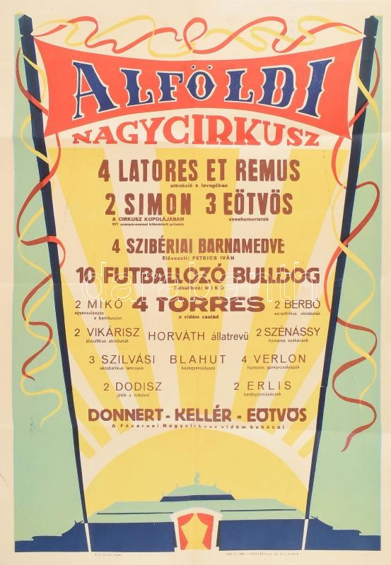 1958 Alföldi Nagycirkusz plakátja, hajtott, szakadásokkal, 70×50 cm