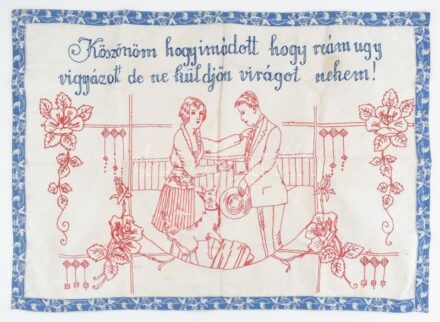 Régi vászon falvédő a Meseautó című film dalszövegével, szakadással, 50×76 cm