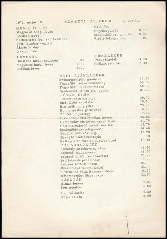 1972 Nemzeti Étterem étlapja