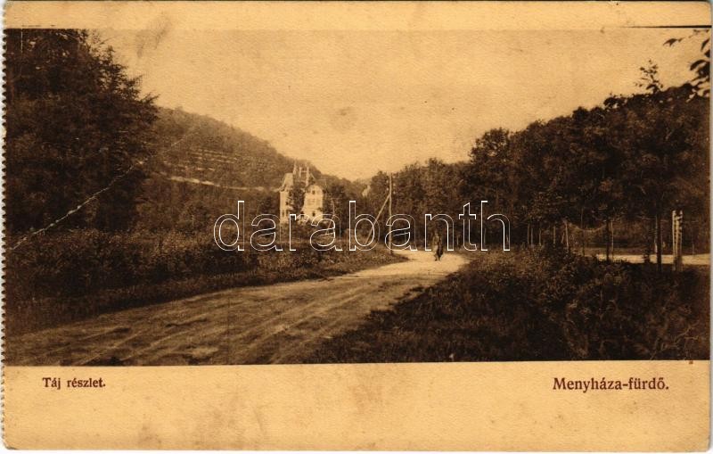 Menyháza, Monyásza, Moneasa; táj részlet, villa. Illés Albert kiadása / road, villa (fa)