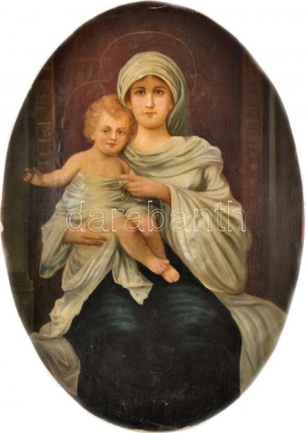 Jelzés nélkül, XIX. sz. vége/XX. sz. eleje: Madonna a kisdeddel. Olaj, vászon, sérült. 97x69,5 cm