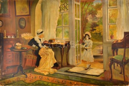Jelzés nélkül: Kislány és a nagymama. Olaj, karton, kisebb felületi sérülésekkel. 61x90,5 cm