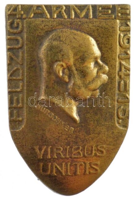 Osztrák-Magyar Monarchia 1915. '4. Hadsereg hadjárata 1914-15' bronz sapkajelvény hátoldalon 'G. GURSCHNER WIEN' gyártói jelzéssel (27x18mm) T:2 / Austro-Hungarian Monarchy 1915. 'Feldzug 4. Armee 1914-15 - Viribus Unitis (Expedition of the