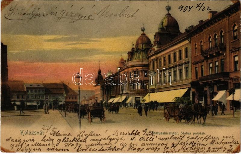 1904 Kolozsvár, Cluj; Mátyás király tér, Státus paloták, Erdélyi Bank, üzletek / square, palaces, Transylvanian bank, shops (Rb)