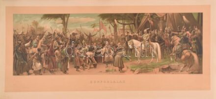 Munkácsy Mihály (1844-1900). Honfoglalás. Színes chromolitográfia, papír. Kiadta Könyves Kálmán Rt., 1905-10 körül. Lap széle kissé foltos. 28x87 cm