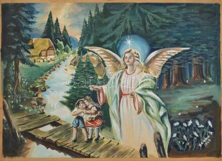 Szabó S jelzéssel. Gyerekek és az angyal, 1947. Akvarell, papír, kartonra kasírozva. 31x43 xm