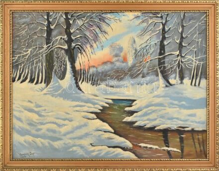 Neogrády László jelzéssel: Téli táj. Olaj, kasírozott vászon. Sérült fa keretben. 60x80 cm