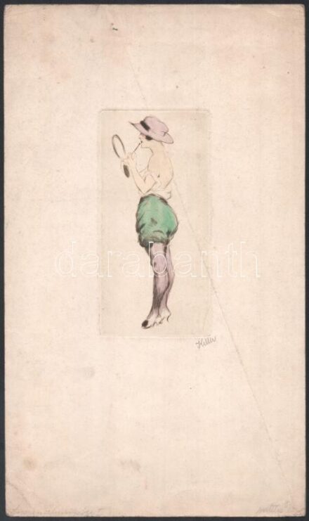 Keller jelzéssel, 1910-30 körül: Szépítkező hölgy. Színezett rézkarc, papír. Törésnyommal. 14x7 cm
