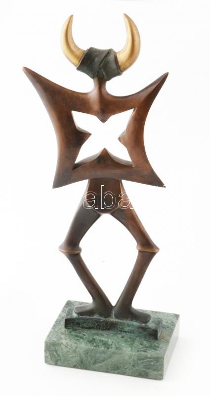 Sztrákos László (1954): Táncoló sámán, öntött, patinázott bronz, márvány talapzaton. m:40 cm, Jelezve: Sztrákos - Image 4