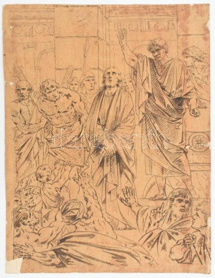 Jelzés nélkül, feltehetően XIX. sz. német festő: Jézus (bibliai jelenet). Tus, papír. Hátoldalán Szépművészeti Múzeum 232/2004 sz. bírálati címkéjével. Sérült. 47,5x36,5cm