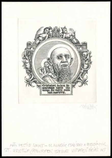 Vén Zoltán (1941-): 'Anti pestis szent'. Rézmetszet, papír, jelzett. 11,5x10,5 cm