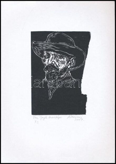 Kőhegyi Gyula (1933- ): Van Gogh önarcképe. Linómetszet, papír. Jelzett. 15x11 cm