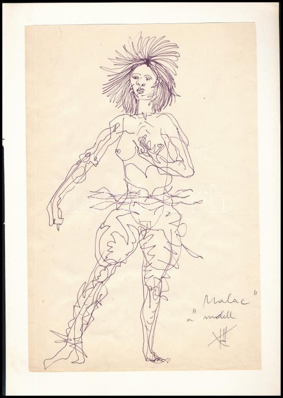 Kő Pál (1941-2020): 'malac' a modell (női akt). Tus, papír. Jelzett. Kartonra kasírozva. Hátoldalán a művész bélyegzőjével. 26x17 cm