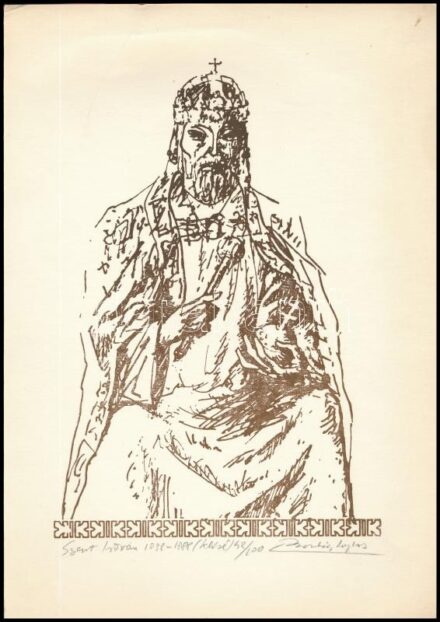 Bardócz Lajos (1936-): Szent István 1938-1988. Klisé, papír. Jelzett. Számozott: 42/100. lapttej kissé sérült. 23,5x16 cm